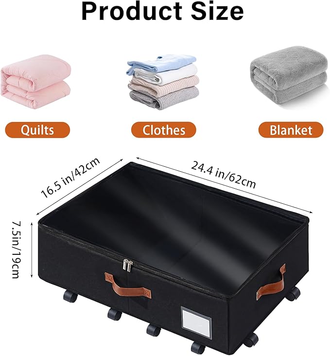 Under Bed Storage Organizer with Wheels, Underbed Container with Clear Lid Cover, Storage Bag Box with Visiable Window for Clothes, Bedsheet, Pillow, 2 Pack，7.5 inches