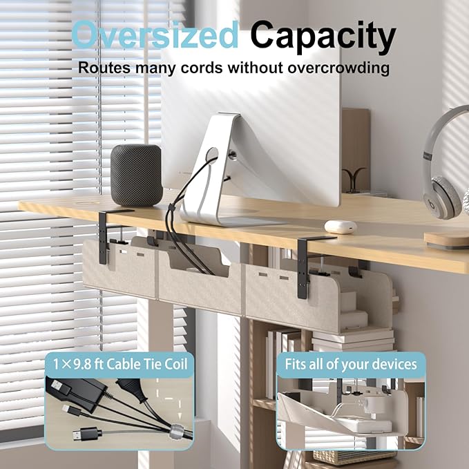 Under Desk Cable Management Tray,No-Drill Upgraded Thickened Felt Cord Organizer with Clamp or Screw Mount,Cable Holder for Standing Desk,Home Or Office(Beige, 31.5")