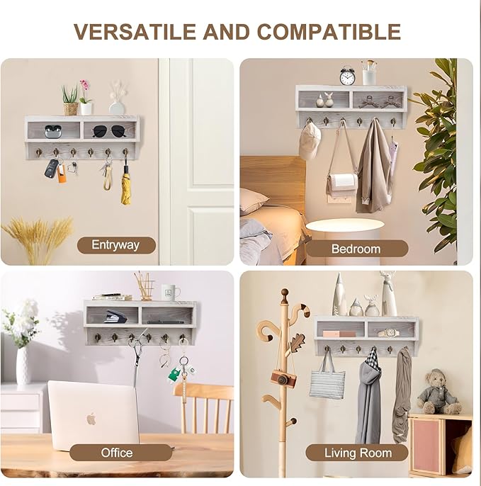 Key Holder Wall Mount - Mail Organizer Wall Mount with 6 Key Hooks and Storage Box for Sunglasses Storage and Dog Leash Holder Home Decor Rack Apartment Farmhouse Shelf Entryway Organizer (White)