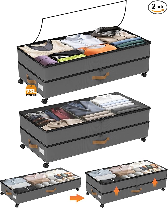 Under Bed Storage with Wheels 2-Pack, 75L XXL Under the Bed Storage Containers Large, 12" Tall Adjustable Storage for Underbed with Lids, Rolling for Shoes, Clothes, Blankets (Grey)