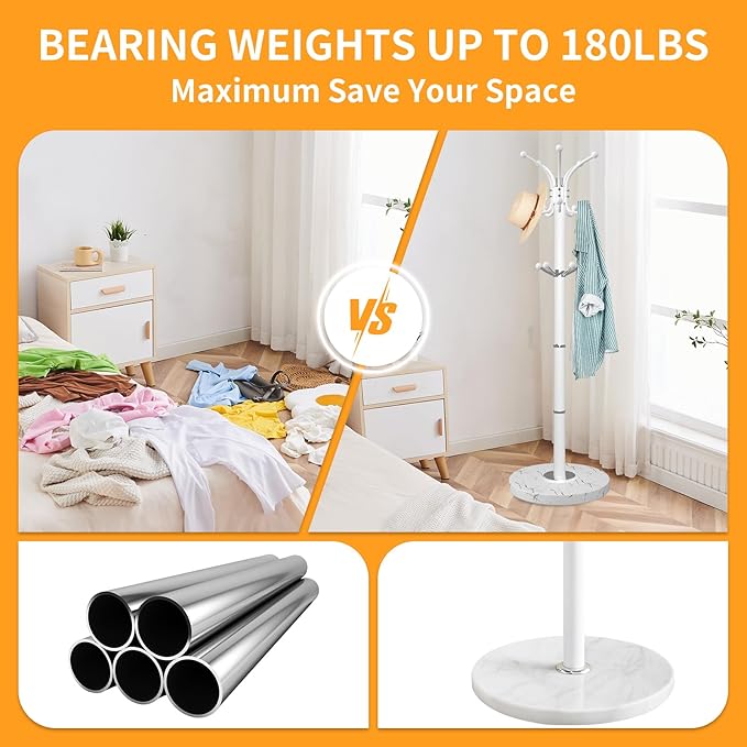 ZOZOE Metal Coat Rack Stand, Modern Coat Rack Freestanding with Natural Marble Base, 360° Rotary Design Coat Racks with 14 Hooks,White Coat Tree Hanger Stand for Bags,Hats,Entryway,Office