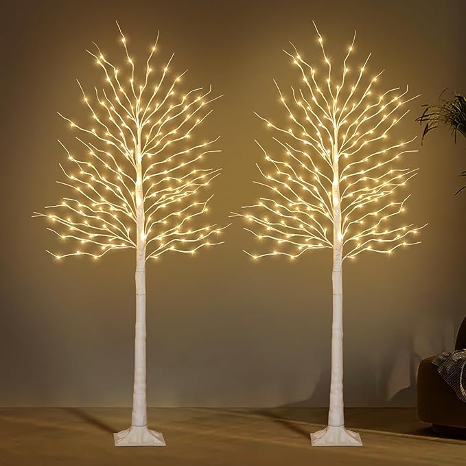 Birch Tree Lights 6+6FT, Set of 2 Prelit Christmas Trees 8 Lighting Effects and Timer, Artificial Trees Warm White Fairy Lights, Twinkling Twig Trees for Xmas Party Wedding Indoor Outdoor