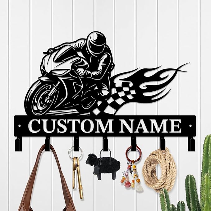 Custom Motorcycle Garage Metal Wall Hooks,Key Holder-Personalized Iron Wall Decor for Keys, Coats & Home(Black, Handmade,Decorative,Entryway, Bedroom,Man Cave) (Style E)