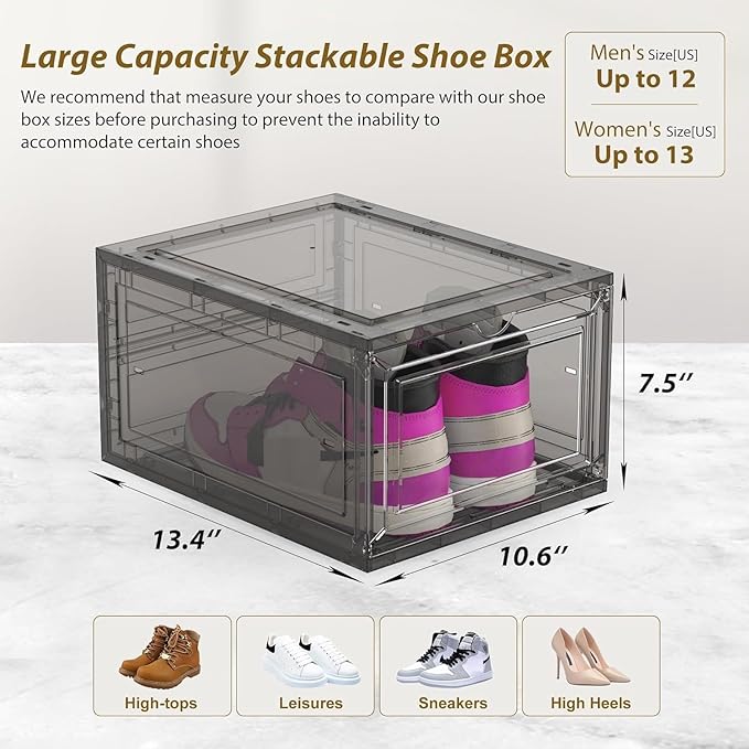 10 Pack Extra XX Large Hard Plastic Clear Stackable Shoe Storage Box Organizer for Closet, Thicken Sturdy Sneaker Shoe Rack Display Case Containers Bins with Lids and Magnetic Door, Grey
