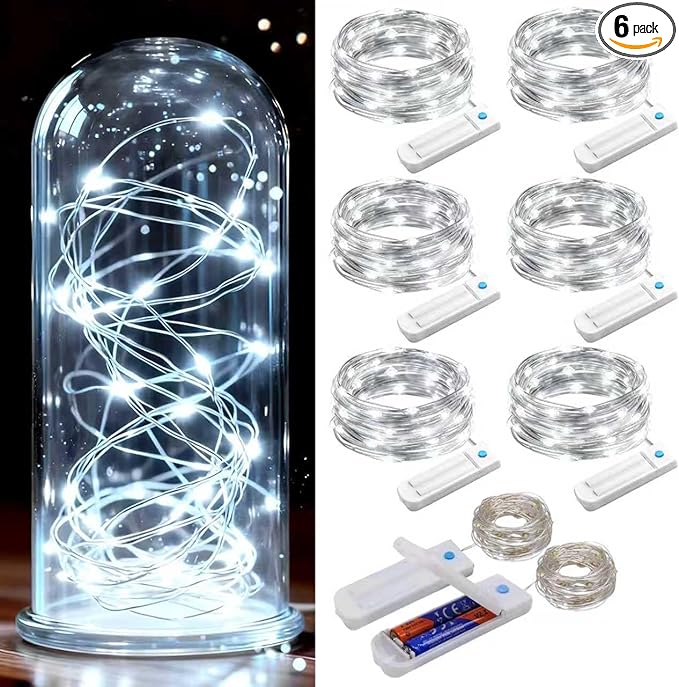 ZNYCYE 50 LED Fairy Lights with Timer, 6 Pack 8.2Ft 8 Modes Battery Operated Fairy Lights, Mini Led String Lights for DIY Wedding Bedroom Mason Jar Vases Table Party Christmas Decoration (Cool White)