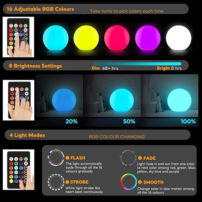 10 inch Rechargeable LED Ball Light, Dimmable LED Globe Light w/Remote, 16 RGB Colors Changing LEDs Globe Mood Lights, IP65 Waterproof Floor Lamp for Backyard Patio Garden Wedding Party Home