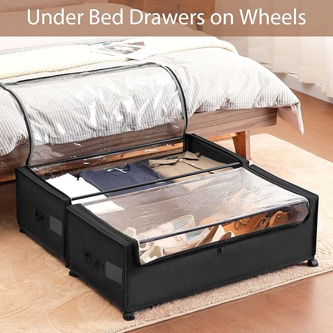Under Bed Storage with Wheels, Under The Bed Storage Drawers On Wheels, Rolling Underbed Drawers, Lockable, Heavy Duty, XXXXL Size 90L