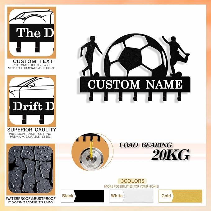 Personalized Football Key Holder Wall Mount, Custom Metal Key Rack Key Holder with Name, Deer Cabin Wall Keys Hanger with Hooks for Entryway, Front Door, Hallway, Kitchen, Living Room