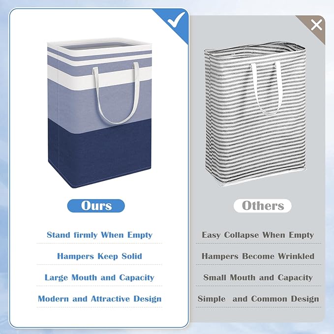 BlissTotes 3-Pack Laundry Basket, Freestanding＆Waterproof Laundry Hamper, Collapsible Tall Clothes Hamper with Easy Carry Handles for Clothes, Towels in the Family and Dorm,Gradient Blue,88L