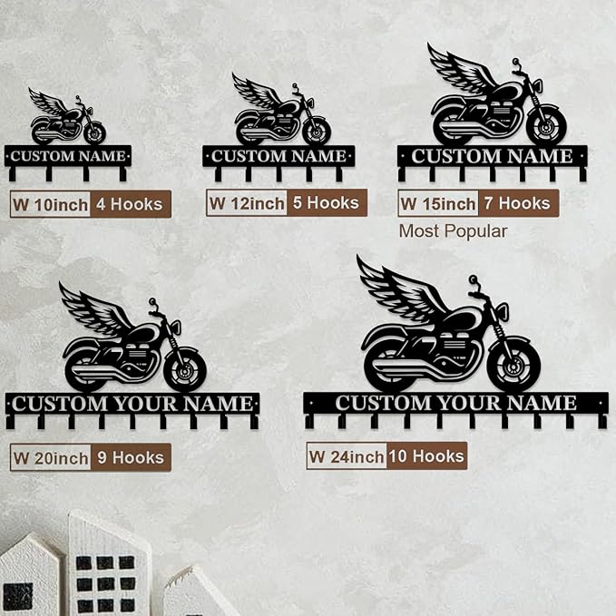 Custom Motorcycle Garage Metal Wall Hooks,Key Holder-Personalized Iron Wall Decor for Keys, Coats & Home (Black, Handmade,Decorative,Entryway, Bedroom,Man Cave) (Style A)