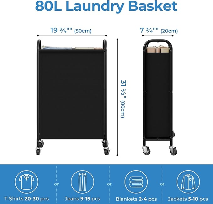GRANNY SAYS 80L Slim Laundry Hamper with Wheels, Fabric Rolling Laundry Basket, Narrow Clothes Organizer, Tall Hamper for Closet, Laundry Room, Bathroom, Black