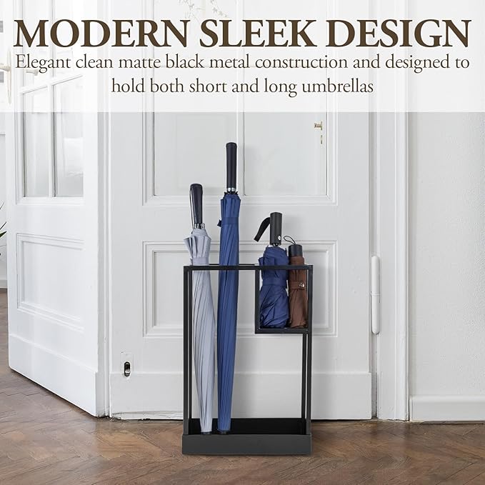 MyGift Modern Black Metal Entryway Umbrella Rack with Geometric Design, 13 x 5-inch Wide Rectangular Freestanding Cane Umbrella Holder with Shelf for Small Umbrellas and Bottom Drip Catch Tray