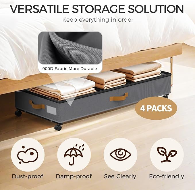 Under Bed Storage with Wheels 4-Pack, 75L XXL Under the Bed Storage Containers Large, 12" Tall Adjustable Storage for Underbed with Lids, Rolling for Shoes, Clothes, Blankets (4PCS-Grey)
