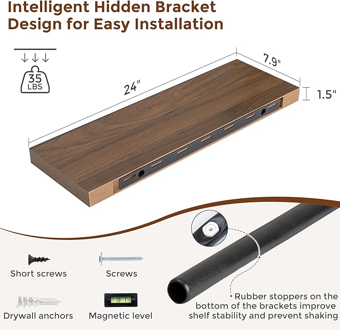 Heimlove 24 Inch Floating Shelves for Wall Walnut Shelves Set of 2,Wall Mounted Rustic Wood 8 Inch Deep Floating Shelf with Invisible Brackets for Bedroom Kitchen Living Room