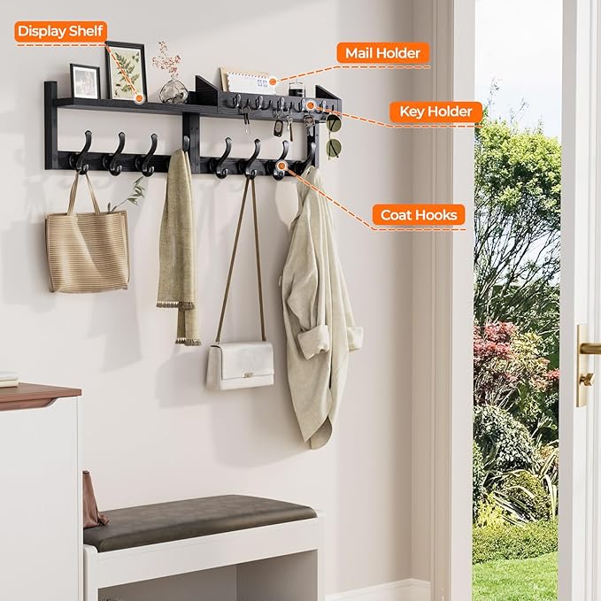 Evermagin 35" Coat Rack Wall Mount with Shelf, 4 in 1 Coat and Key Hanger with 13 Metal Hooks, Entryway Wall Mounted Shelf with Mail Holder for Living Room, Bedroom, Black