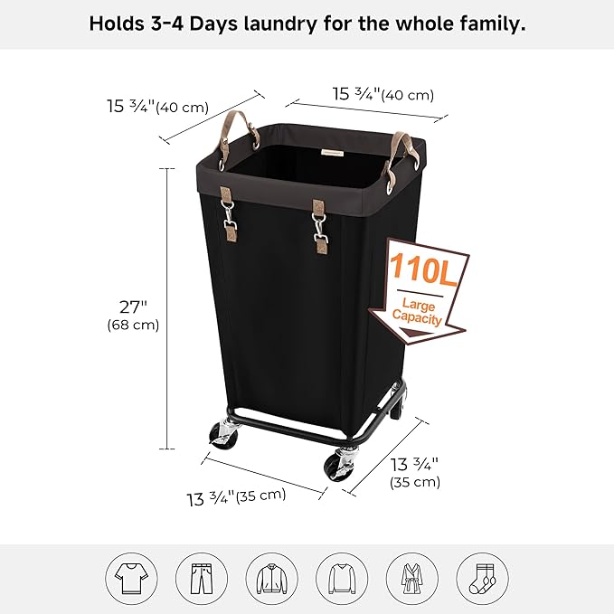 StorageWorks 110L Laundry Basket with Wheels, Large Rolling Hampers for Clothing Organizer, Dirty Clothes Basket for Hotel, Home, Closet, Dorm, Black