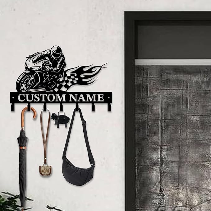 Custom Motorcycle Garage Metal Wall Hooks,Key Holder-Personalized Iron Wall Decor for Keys, Coats & Home(Black, Handmade,Decorative,Entryway, Bedroom,Man Cave) (Style E)