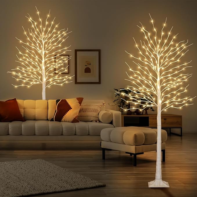 Birch Tree Lights 6+6FT, Set of 2 Prelit Christmas Trees 8 Lighting Effects and Timer, Artificial Trees Warm White Fairy Lights, Twinkling Twig Trees for Xmas Party Wedding Indoor Outdoor