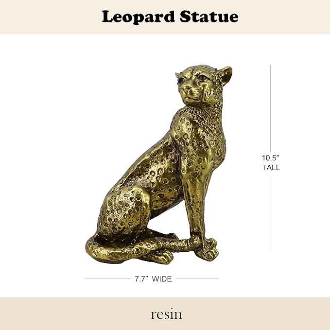 10-inch Antique Gold Leopard Sculpture - Resin Sitting Cheetah Figurine with Gold Dot Design, Art Deco Home Decor for Shelves & Office