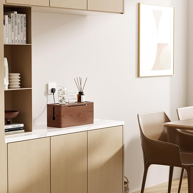 Extra Large Cable Management Box – Brown Double Layer Wooden Cord Organizer with Divider for Desk, TV Stand, Kitchen, and Office （NO Power Strips or Chargers）