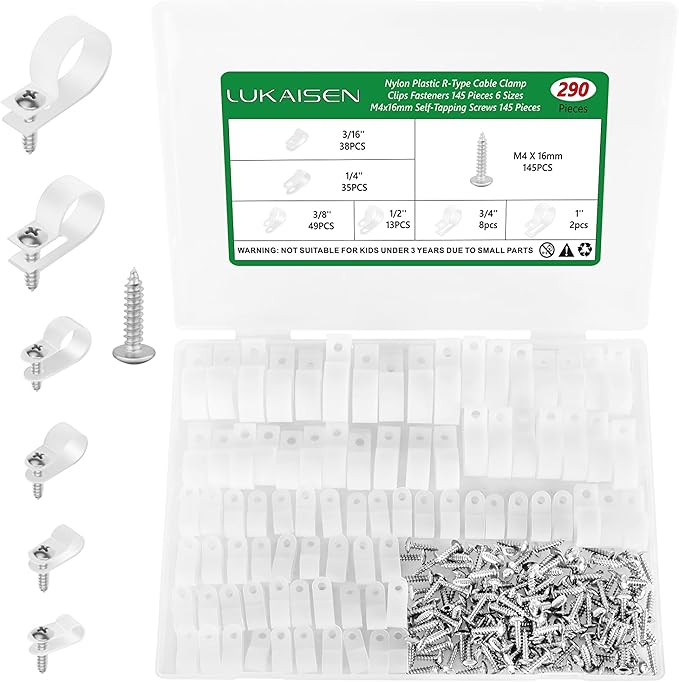 Cable Clips for Cable Management Cord Organizer, 6 Sizes 290 PCS Nylon R-Type, 3/16'' 1/4'' 3/8'' 1/2'' 3/4'' 1'' White Plastic Screw Mounting Cord Fastener Clamp Assortment Kit with M4 Screws