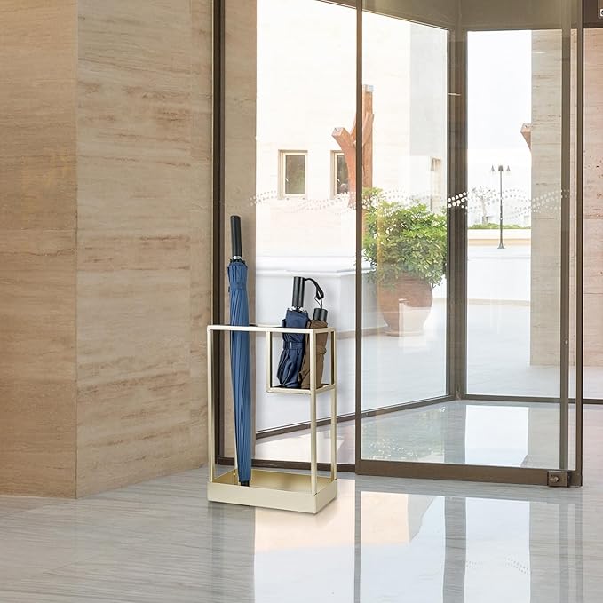 MyGift Modern Brass Tone Metal Entryway Umbrella Rack with Geometric Design, 13 x 5-inch Wide Rectangular Freestanding Cane Umbrella Holder with Shelf for Small Umbrellas and Bottom Drip Catch Tray