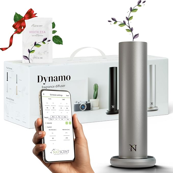 Dynamo Hotel Scent Diffuser – Cold-Air Essential Oil Diffuser for Home & Large Rooms up to 1000 sq ft, App & Manual Control, Hypoallergenic, Includes White Tea Fragrance Sample – Titanium