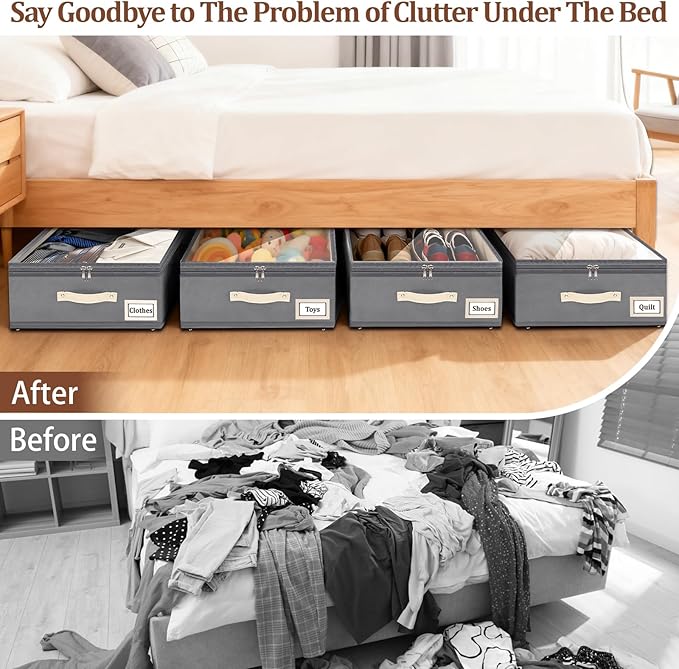 Dolicer 4 Pack Under Bed Storage with Wheels, 6in-10in Height Adjustable Underbed Storage Containers, 92L XXXL Under Bed Drawers Rolling Bin with Clear Lids for Dorm Shoes Clothes Organizers(Grey)