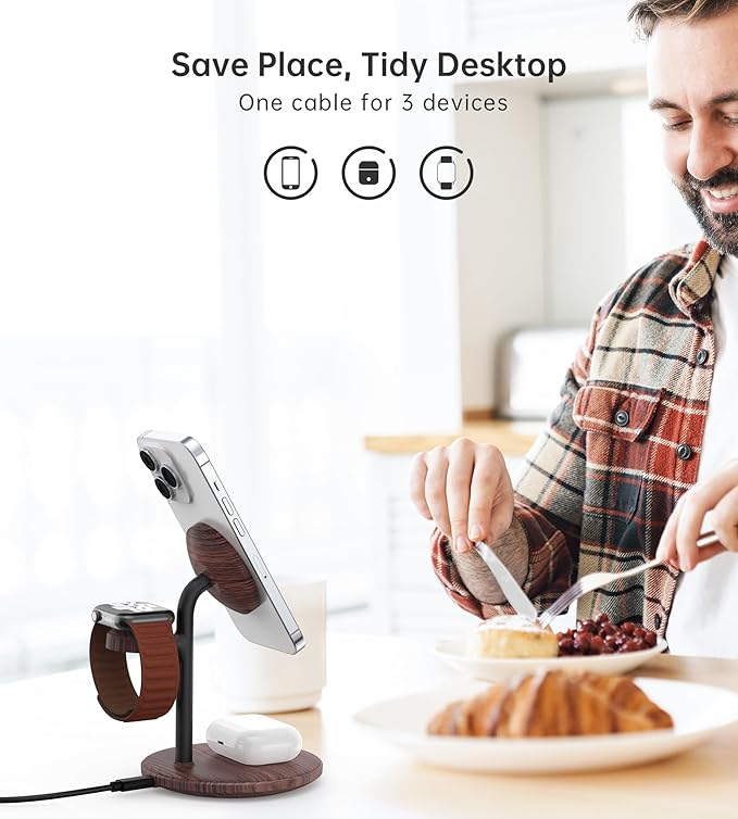 XooFly 3 in 1 Wireless Charging Station for Apple Devices, Fast Wireless Mag-Safe Charger Stand with 20W Adapter for iPhone 17/16 15 14 13 12 Pro Max/Pro/Plus/Air/Mini,iWatch,AirPods,Brown Wood Grain