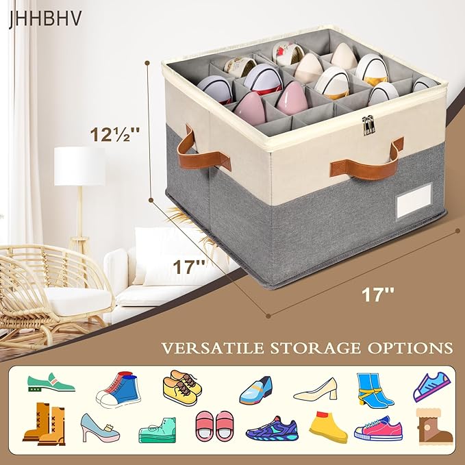 1 Pack Shoe Organizer for Closet, Adjustable Shoe Box Storage Containers, Large Foldable Shoe Bins with Clear Cover, Space Saving Shoes Holder with 4 Handles, Fits 8-16 Pairs, Beige