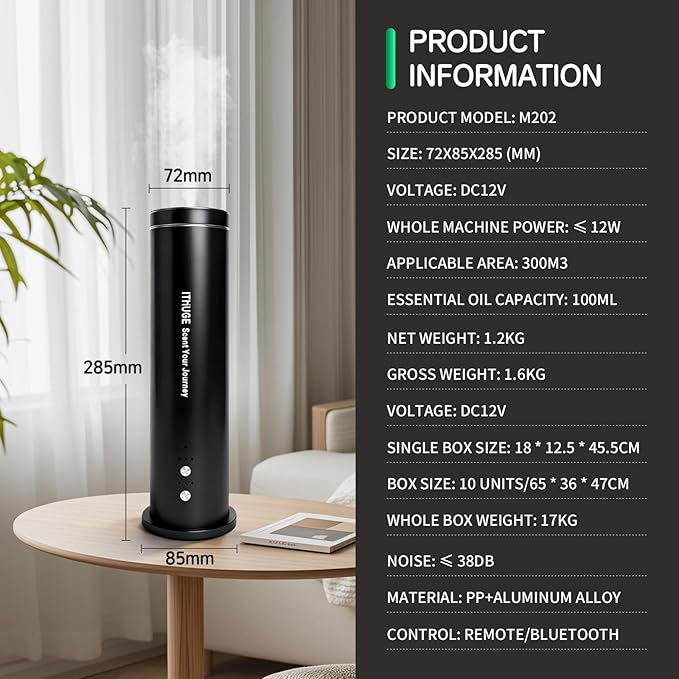 Aluminum Waterless Essential Oil Diffuser for Large Room, 1200 Sq Ft Coverage with Bluetooth App & Remote Control with 100ml Empty Bottle, Cold Air Aromatherapy Machine for Home Office(M202S)