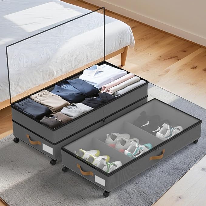 Under Bed Storage with Wheels 4-Pack, 75L XXL Under the Bed Storage Containers Large, 12" Tall Adjustable Storage for Underbed with Lids, Rolling for Shoes, Clothes, Blankets (4PCS-Grey)