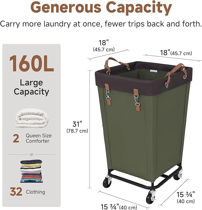 StorageWorks 160L Laundry Basket with Wheels, Large Rolling Hampers for Clothing Organizer, Dirty Clothes Basket for Hotel, Home, Closet, Dorm, Green