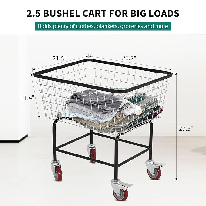 Wire Laundry Cart wtih Wheels, 2.5 Bushel Rolling Laundry Basket, Commercial Basket Carts for Laundry Room, Hotel, Home, Apartment Use, Durable Steel Frame with Galvanized Finish, 5" Casters