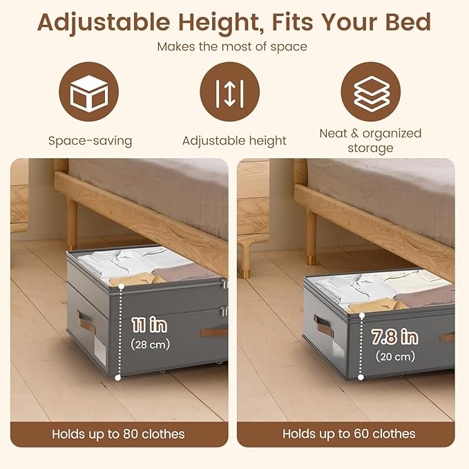 Under Bed Storage with Wheels, 2-Pack Underbed Storage Containers, No Assemble 11 inches 90L XXL Large Adjustable Storage Bins with Clear Lids, Rolling Storage for Clothes, Shoes, Blankets, Gray