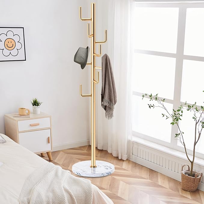 ZOZOE Metal Modern Coat Racks, Cactus Coat Rack Freestanding with Natural Marble Base, Golden Coat Rack Stand with 8 Hooks, Coat Tree Hanger Stand for Bags, Hats, Entryway, Office