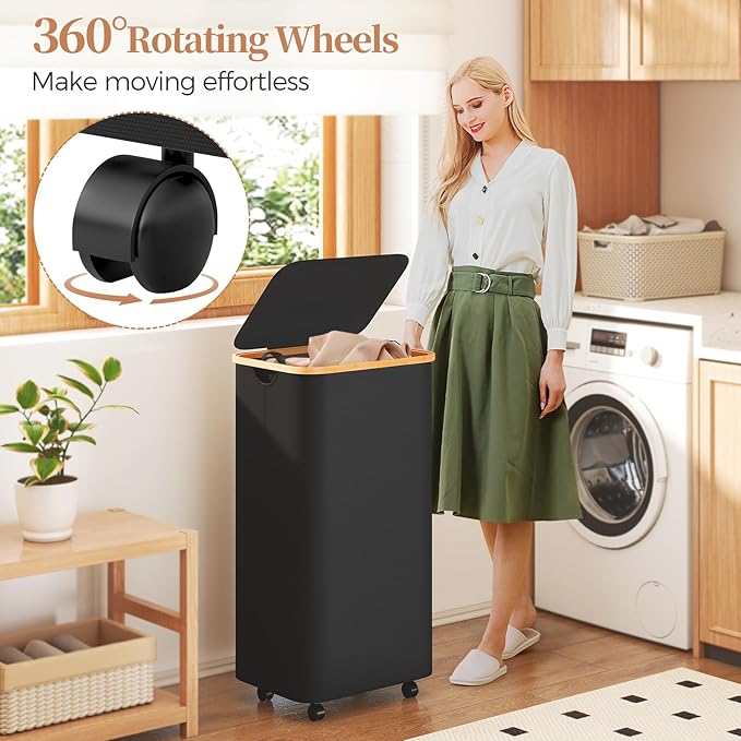 Yecaye 100L Large Capacity Laundry Hamper – Foldable Rolling Laundry Basket, Mobile Clothes Hamper with Wheels, Removable Inner Bag, Bamboo Handle Lid Laundry Bin – Multi-Use Storage, Black