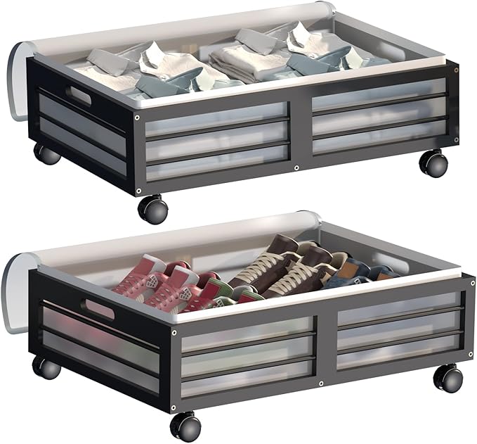Under Bed Storage Containers with Wheels, Larger Bamboo Wood Under Furniture Storage Containers with Dust Bags，Rolling for Shoes Clothes