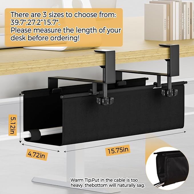 Under Desk Cable Management Tray 15.7" - No Drill Computer Wire Organizer Cable Tray, Cord Hider Clamp Mount with 16X Cable Ties PC Cables Management Cord Holder for Office/Home (Upgrade Fabric,Black)