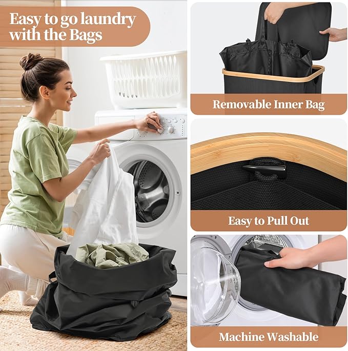 Yecaye 100L Large Capacity Laundry Hamper – Foldable Rolling Laundry Basket, Mobile Clothes Hamper with Wheels, Removable Inner Bag, Bamboo Handle Lid Laundry Bin – Multi-Use Storage, Black