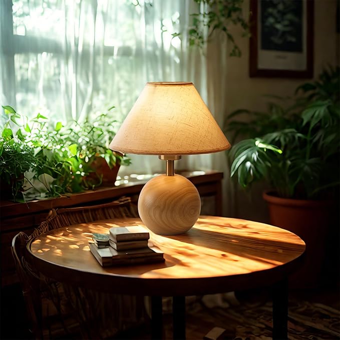 Wood Table Lamp for Bedroom, Flaxen Fabric Shade Small Desk Lamp for Living Room,Décor Ambient Bedside Lamps for Night Stands,LED Bulb (not Included)