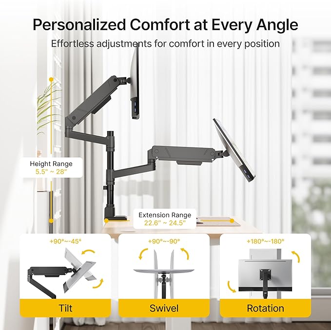 monTEK Dual Monitor Mount Tall Monitor arms for 2 Monitors for 17 to 35 Inch Curved Screen Holds 35 Lbs Adjustable Heavy Duty Monitor Desk Mount Cable Management, VESA 75/100mm, MA1007PBK-D