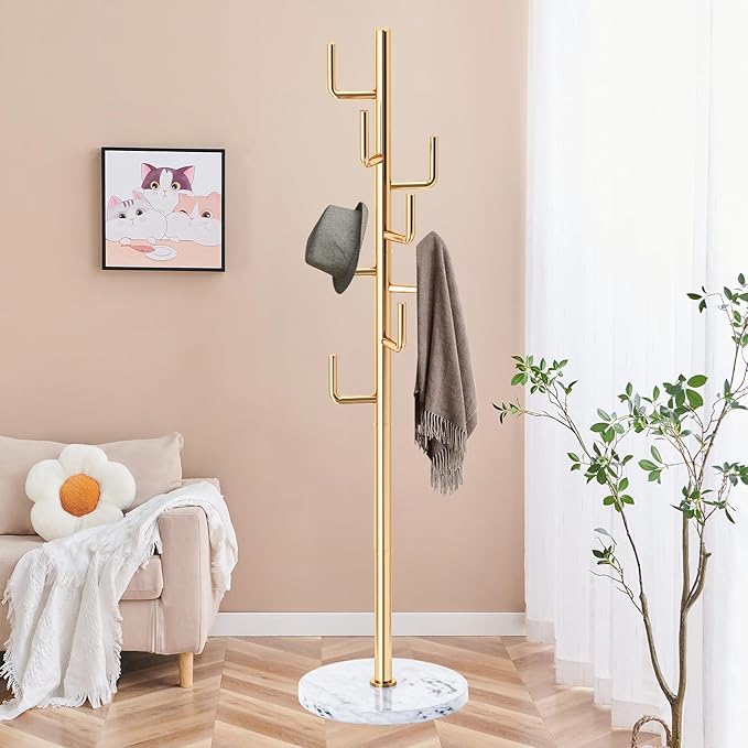 ZOZOE Metal Modern Coat Racks, Cactus Coat Rack Freestanding with Natural Marble Base, Golden Coat Rack Stand with 8 Hooks, Coat Tree Hanger Stand for Bags, Hats, Entryway, Office