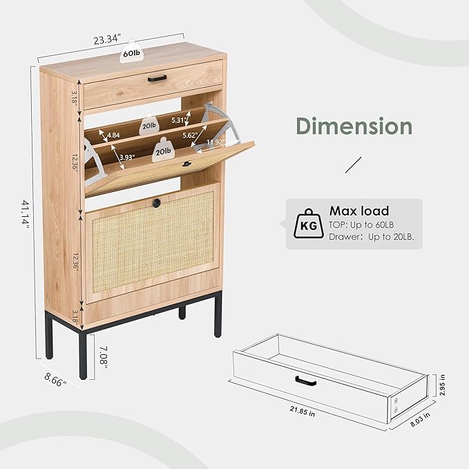 Yechen Shoe Rack Storage Organizer with 2 Natural Rectangular Rattan Doors, Entryway Wooden Shoe Cabinet for Sneakers, Leather Shoes, High Heels, Slippers (1 Piece, Oak)