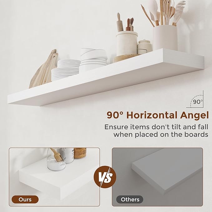 Heimlove 55 Inch Floating Shelves for Wall 8 Inch Deep White Shelves Set of 2,Wall Mounted Rustic Wood Long Floating Shelf，Large Extra Display & Storage Shelf with Invisible Brackets