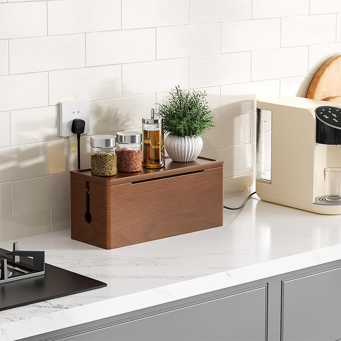 Extra Large Cable Management Box – Brown Double Layer Wooden Cord Organizer with Divider for Desk, TV Stand, Kitchen, and Office （NO Power Strips or Chargers）