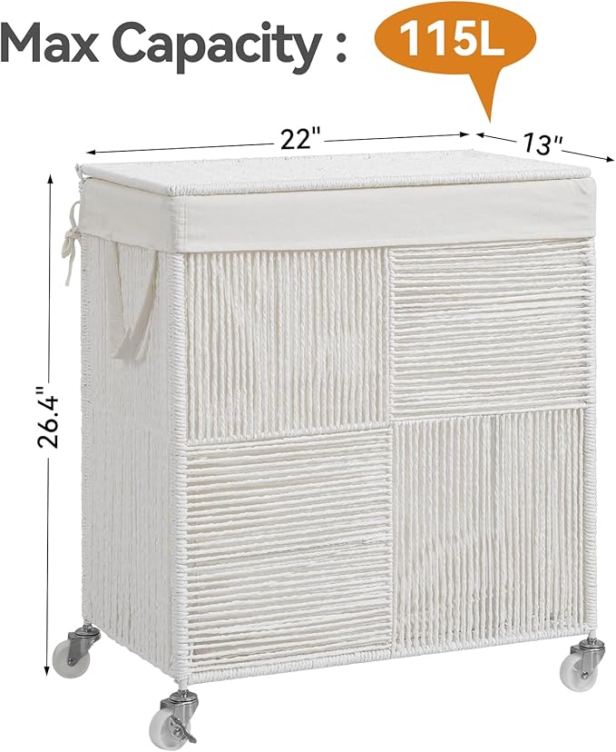 WOWLIVE Double Laundry Hamper with Lid, Handwoven Rolling Laundry Basket with Wheels, 115L Dirty Clothes Hamper with Removable Liner Bag Large Capacity Laundry Sorter Laundry Room Organization,White