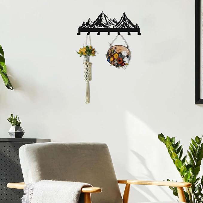 Key Holder Wall Mounted Key Hooks, Black Metal Key Rack Hooks, Mountain Theme Wall Decoration Hooks, with 7 Hooks, Applicable to Front Doors, Lobby,Corridor, Offices (12 ")