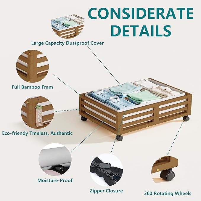 Wisuce Bamboo Under Bed Storage Containers- Underbed Organizer with Wheels with Large Dust Bag,Sturdy Wood Rolling Under the Bed Shoe Storage Organizer Drawer 2 Packs (Walnut, Small)