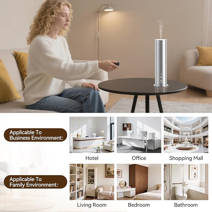 Waterless Scent Diffuser - Cold Air Essential Oil Diffusers Machine Covers up 600 sq.ft Large Room,Button/Remote/Bluetooth Control for Home Hotel Office,Fragrance Not Included,Silver